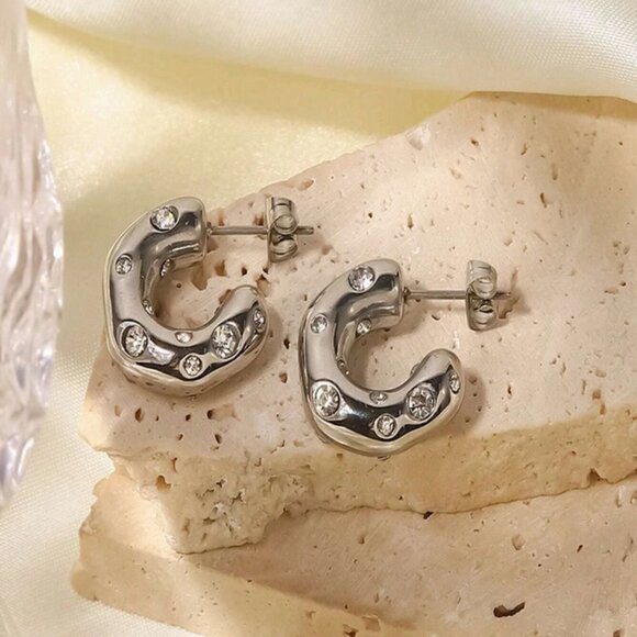 Stainless Steel Cubic Zirconia Decor Cuff Hoop Earrings F - Picture 2 of 4